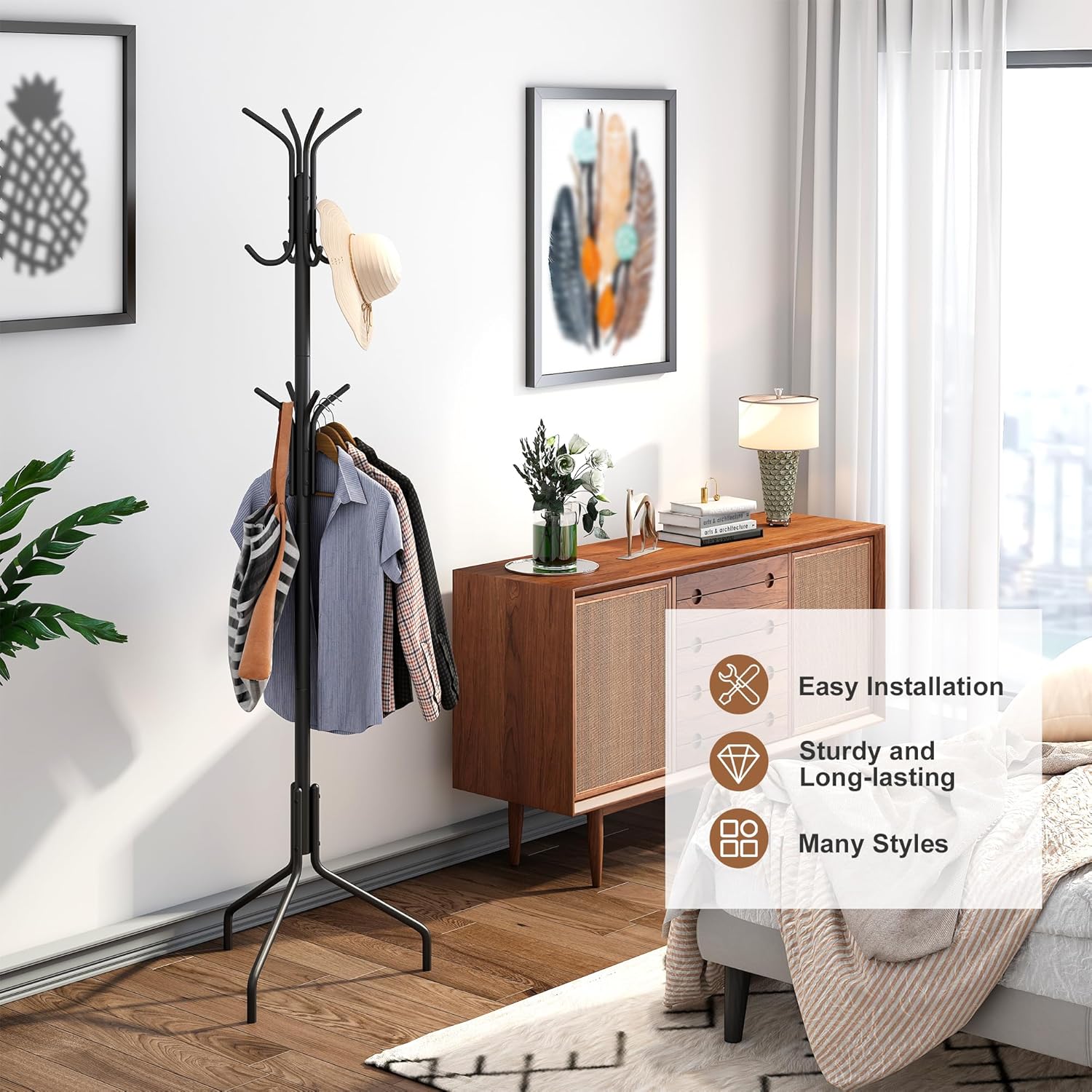 Coat Rack Freestanding Coat Tree Standing Coat and Hat Hanger Jacket Organizer Rack Metal,18.3" L x 18.3" W x 71.5" H, Black