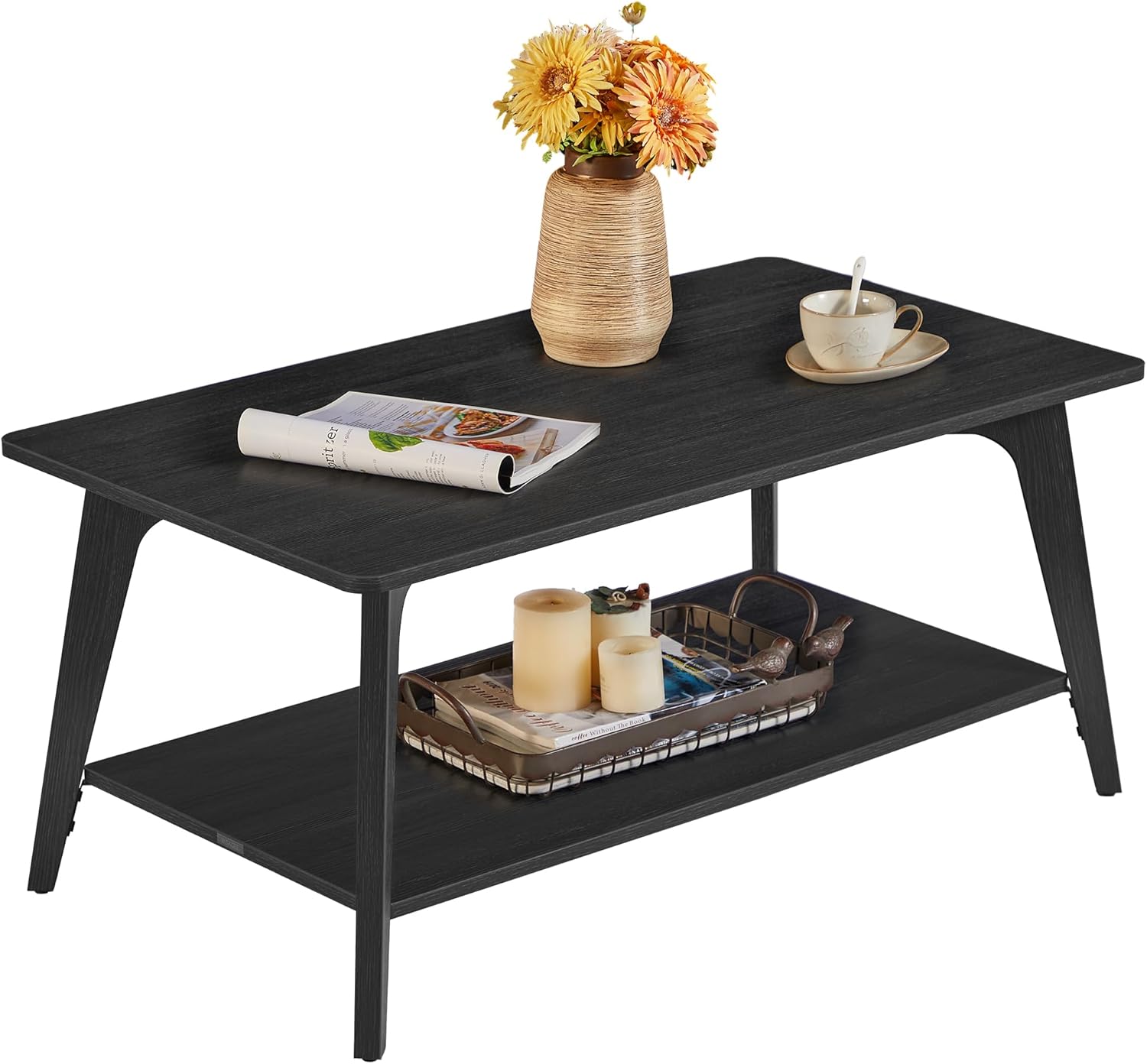 VASAGLE 2-Tier Coffee Table for Living Room, Rectangular Living Room Table, with PVC Rattan Storage Shelf, Rounded Corners, Easy Assembly, Boho Style, 21.7 x 39.4 x 17.7 Inches, Oak Beige ULCT240Y57