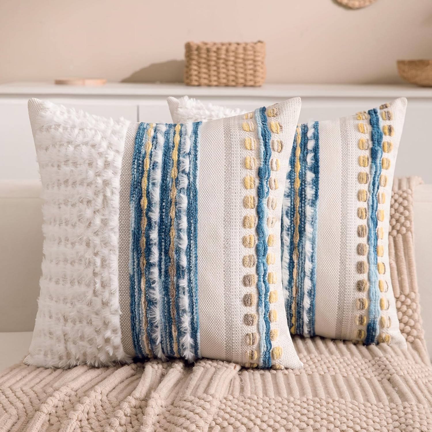 Boho Chenille Tufted Couch Throw Pillow Covers 18x18 Inch Set of 2 Farmhouse Striped Decorative Pillow Covers Accent Neutral Square Pillowcase Green Cushion Covers for Livingroom Sofa Bed
